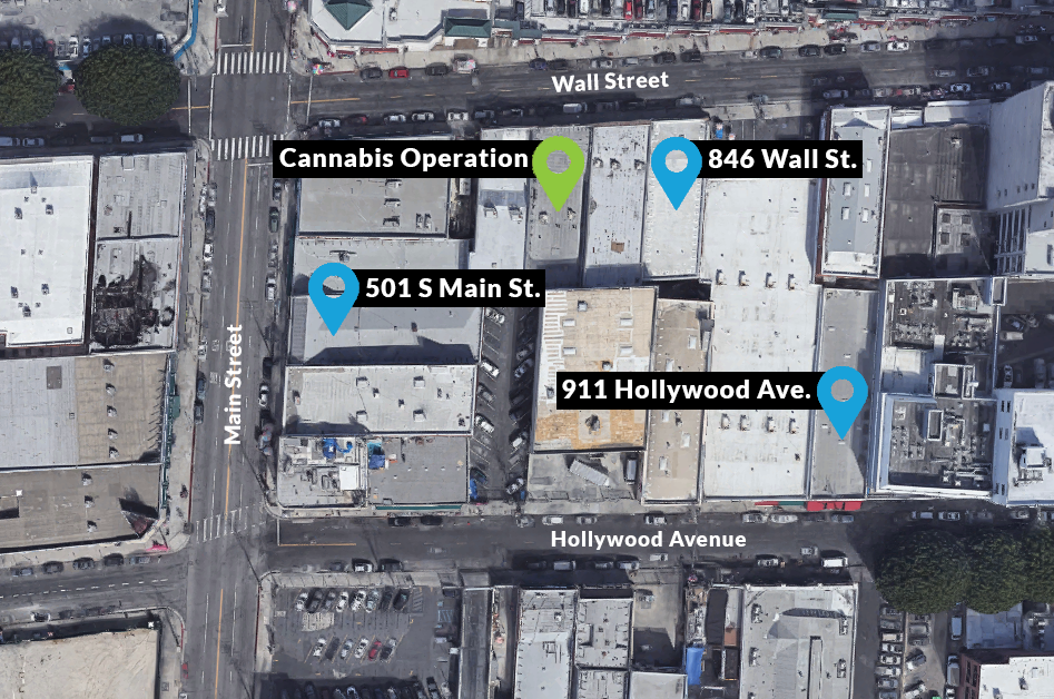 Overhead view of Los Angeles block showing insured properties in proximity to a cannabis operation