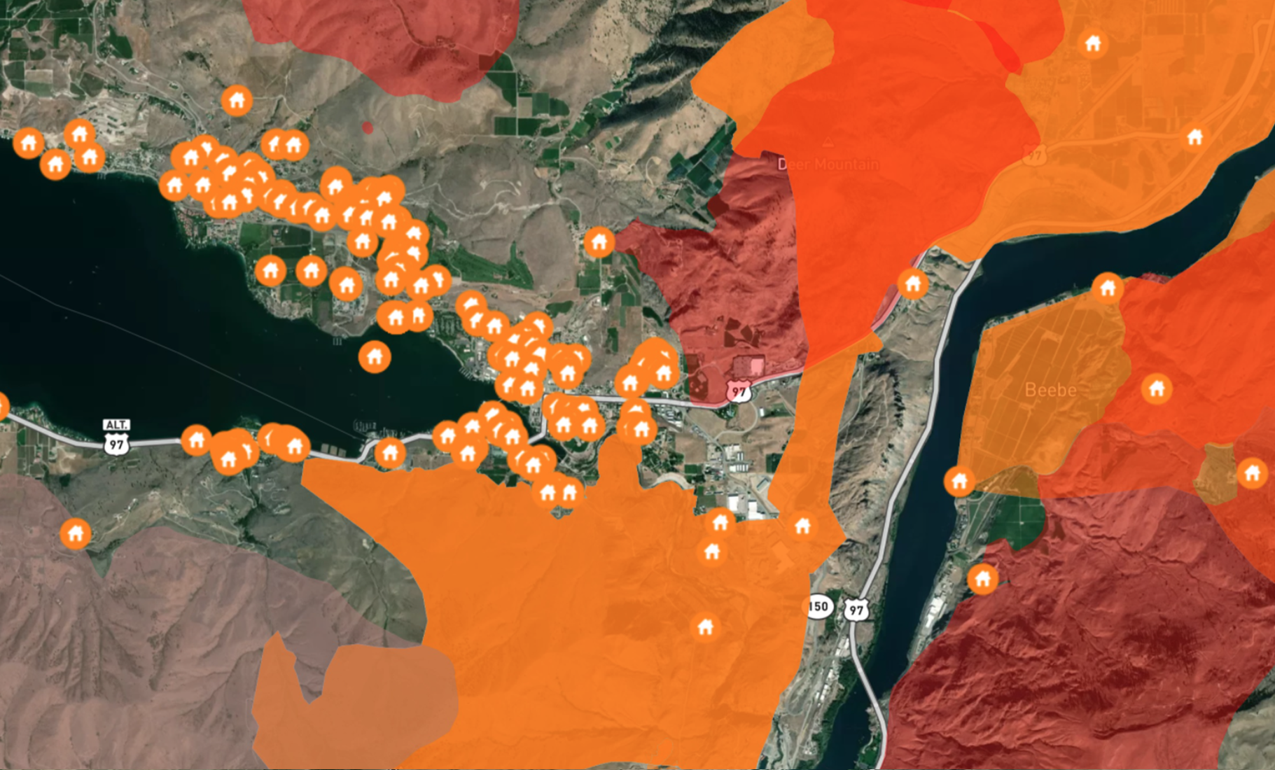 Lake Chelan fire danger map with insured houses