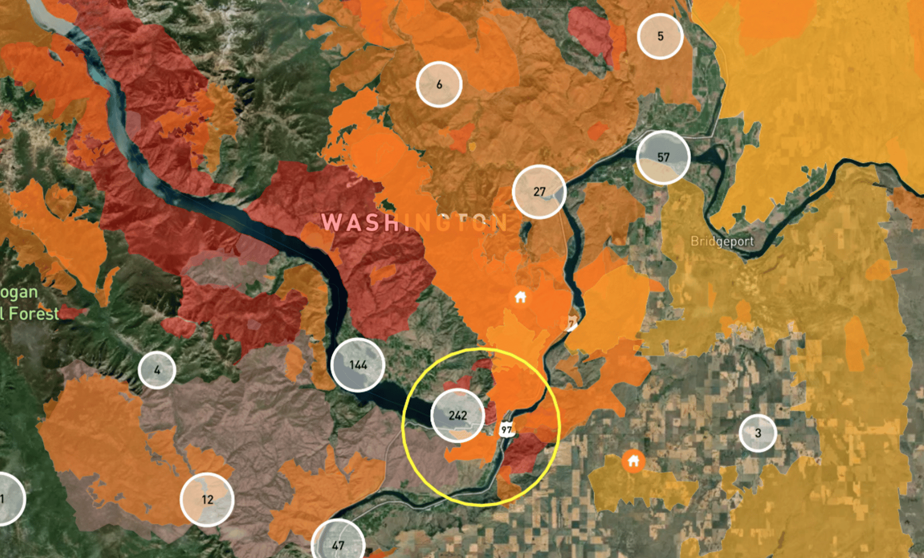 Central Washington fire danger map with specific radius selected
