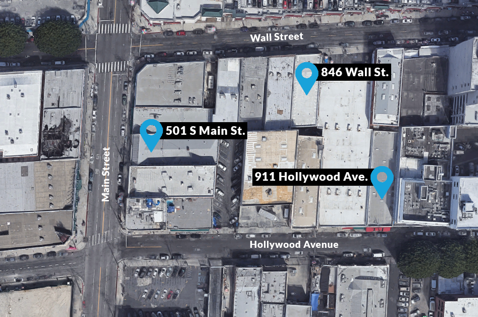 Overhead view of a city block in Los Angeles downtown showing various insured properties