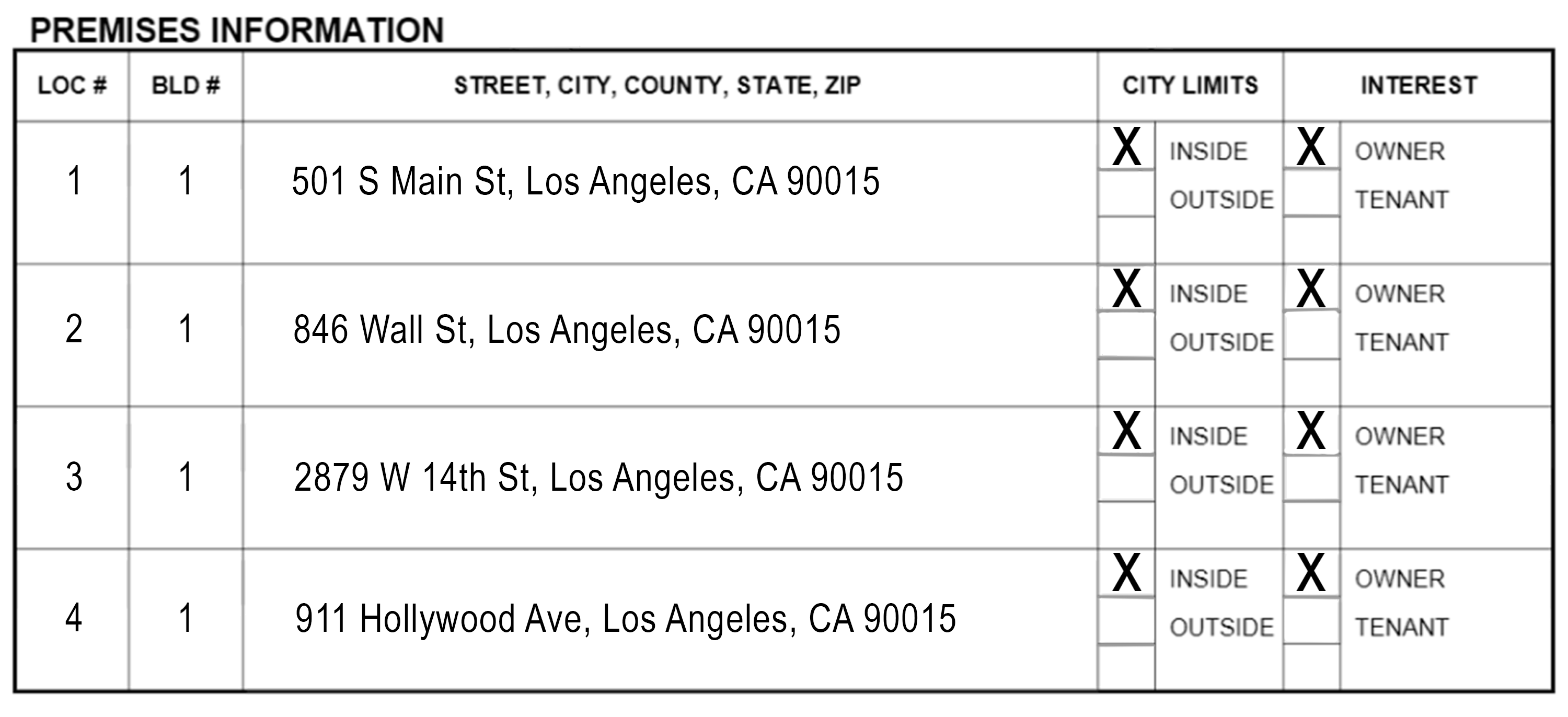 Sample Acord report showing multiple locations in downtown Los Angeles