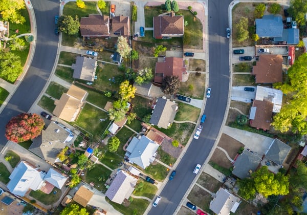 A neighborhood seen from above that may contain an adult family home