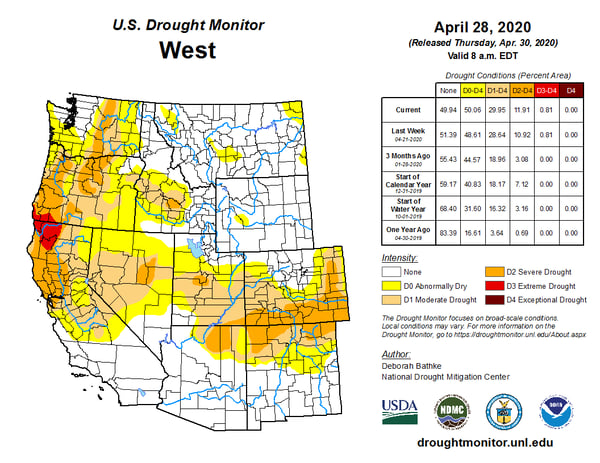 Map of drought conditions in the Western U.S. as of April 28, 202