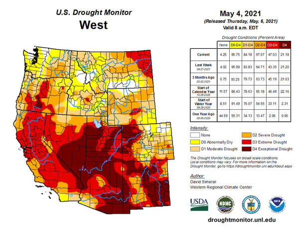 Map of drought in Western U.S. as of May 4, 2021