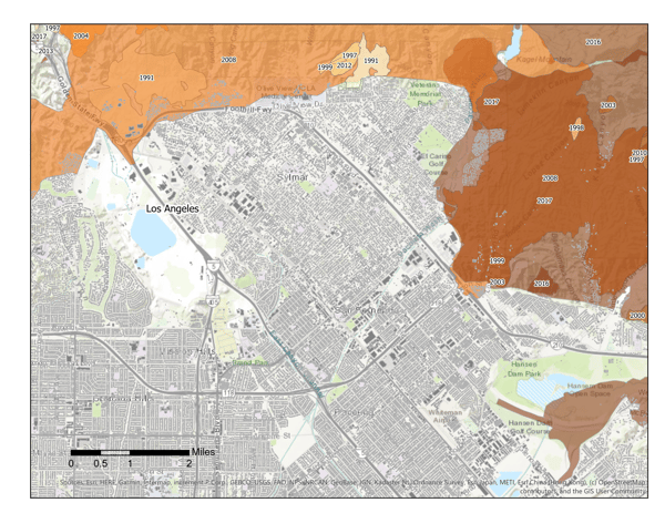 A map showing wildfires near Los Angeles since the early 1990s