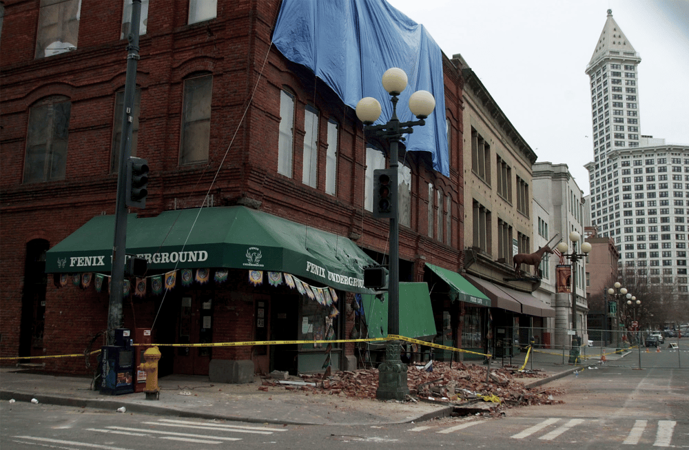 Downtown Seattle's Pioneer Square damaged from large Nisqually Earthquake in 2001
