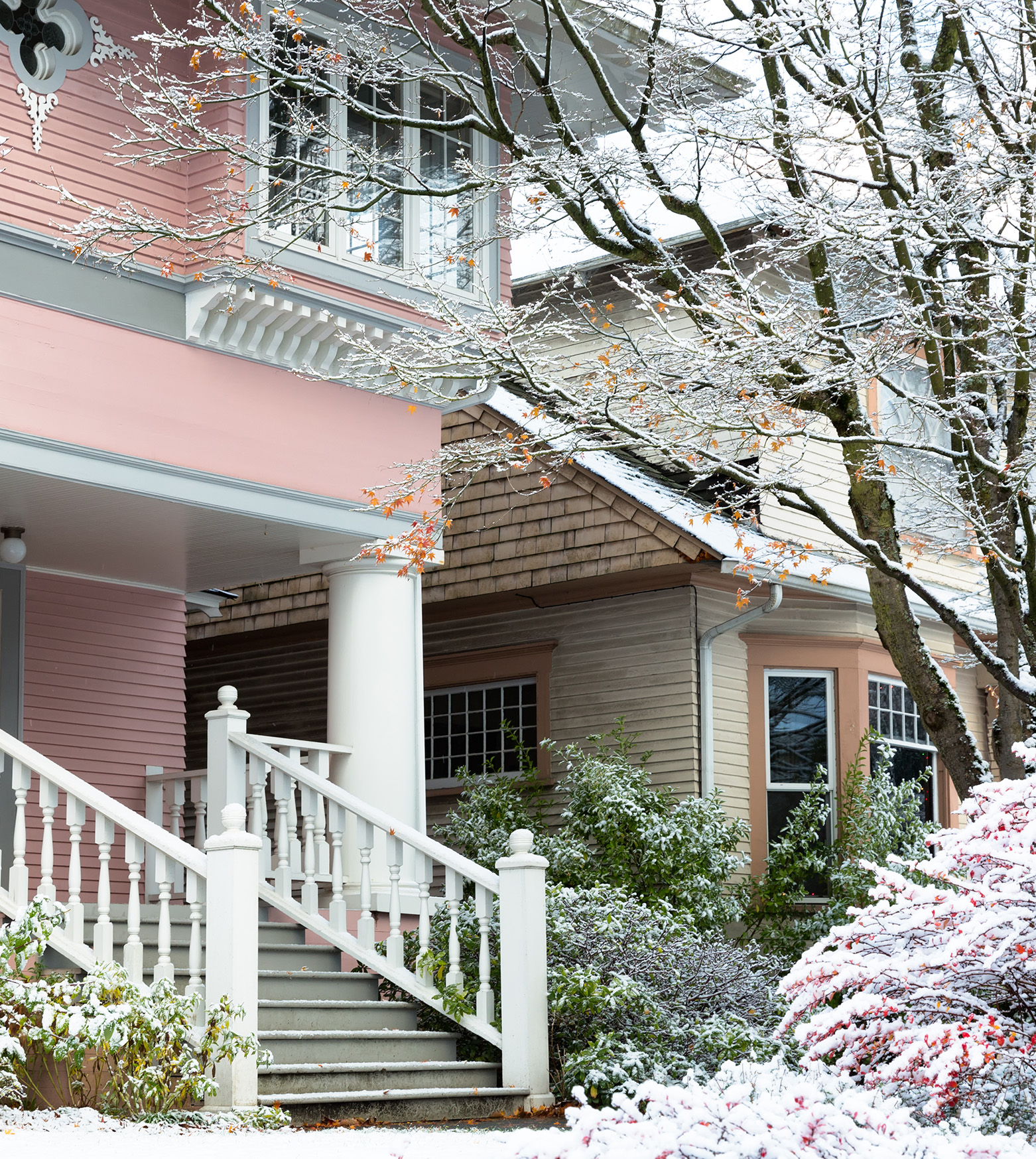 Seattle vintage houses in the snow in the Capitol Hill neighborhood.